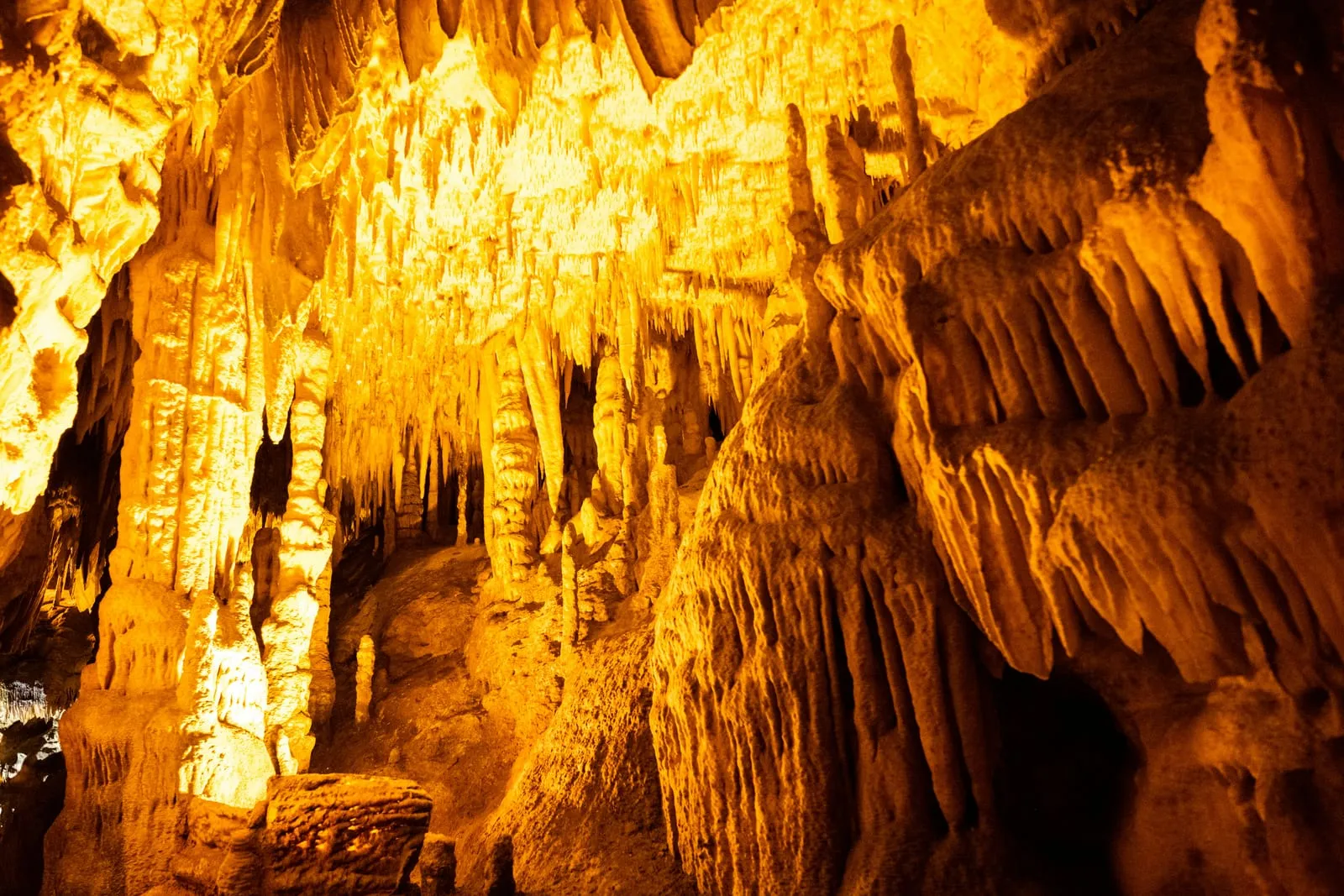 Stalactites illuminées dans les grottes de Castellana